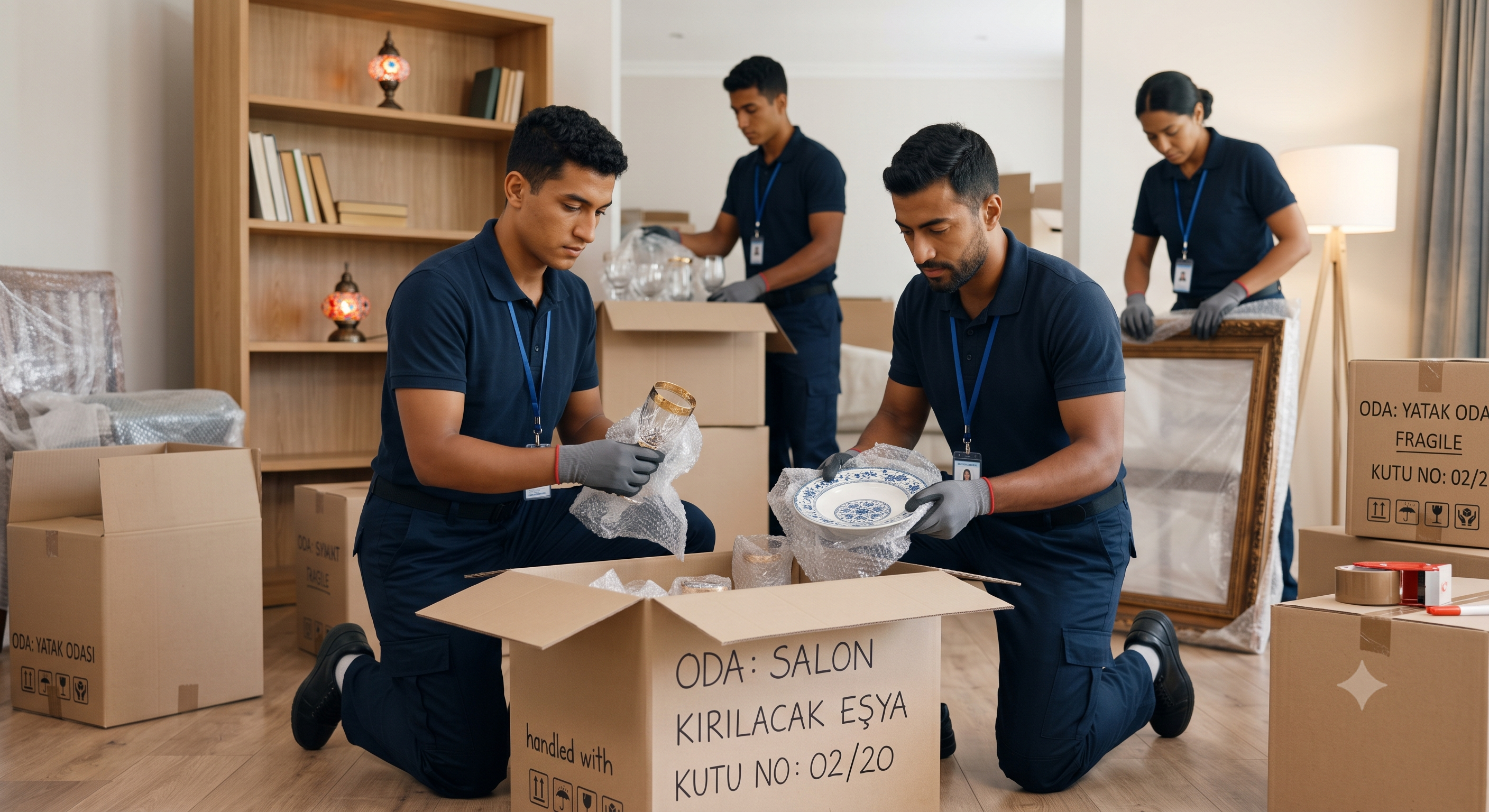 Taşınma öncesi hassas eşyaları paketleyen profesyonel nakliye ekibi